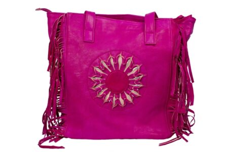 Pink Bohemian Chic Tan Leather Tote with Sunburst Fringe Detail