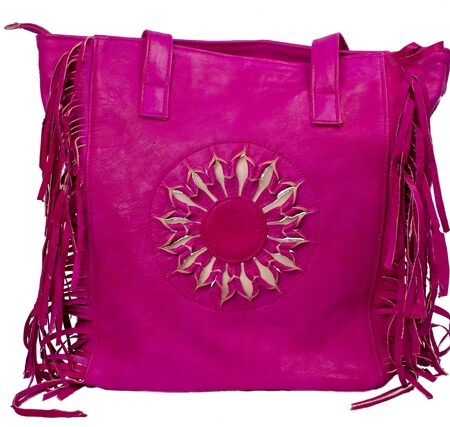 Pink Bohemian Chic Tan Leather Tote with Sunburst Fringe Detail