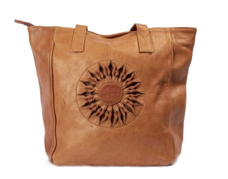 Sunburst Floral Embossed Leather Tote - Tan Artisanal Shoulder Bag