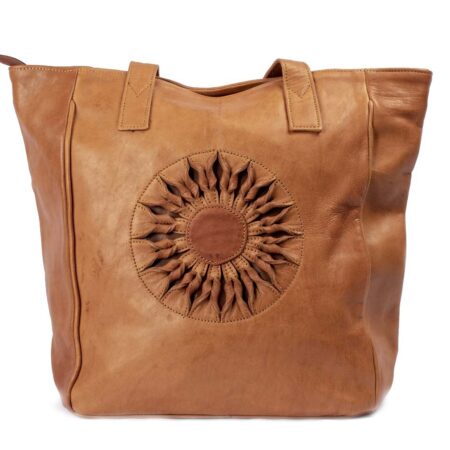 Sunburst Floral Embossed Leather Tote - Tan Artisanal Shoulder Bag