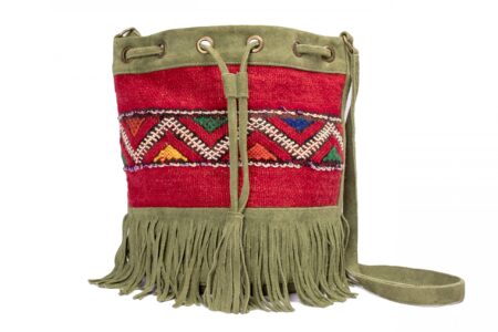 Vintage woven Kilim and leather drawstring bucket shoulder purse