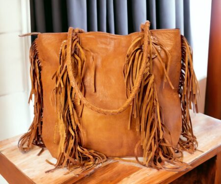 Bohemian Fringe Leather Tote Bag - Tan Boho-Chic Spacious Purse
