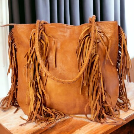 Bohemian Fringe Leather Tote Bag - Tan Boho-Chic Spacious Purse